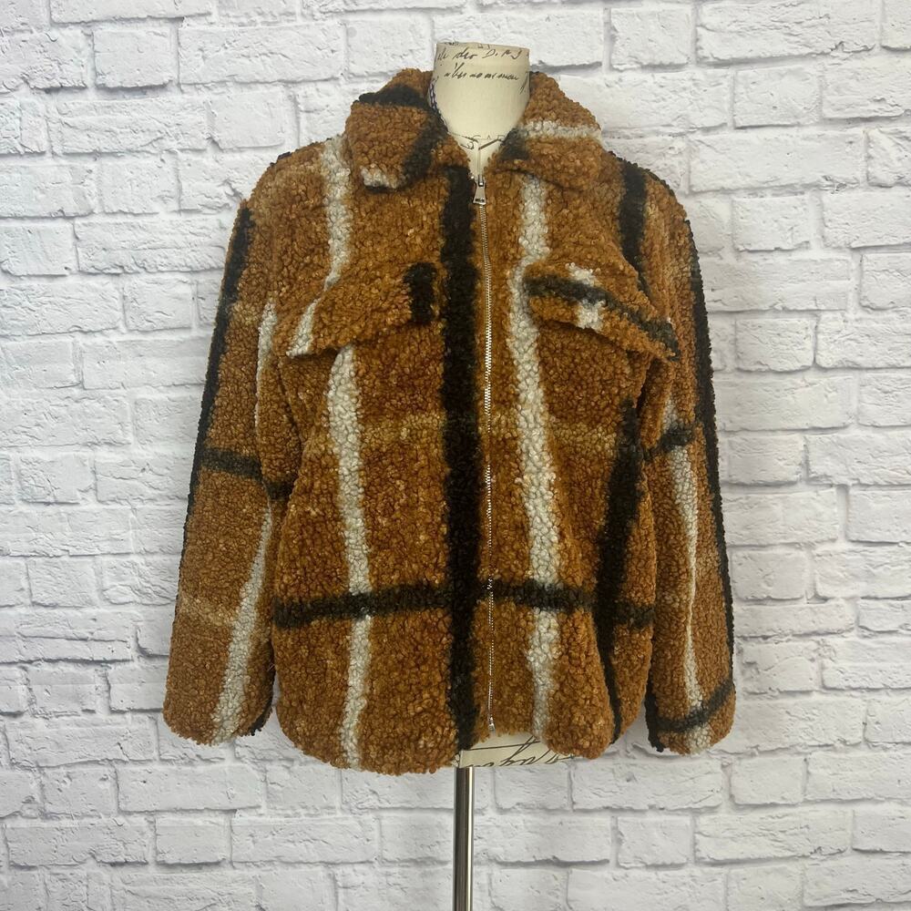 Stoosh Plaid Teddy Zip Up Coat - Size Medium